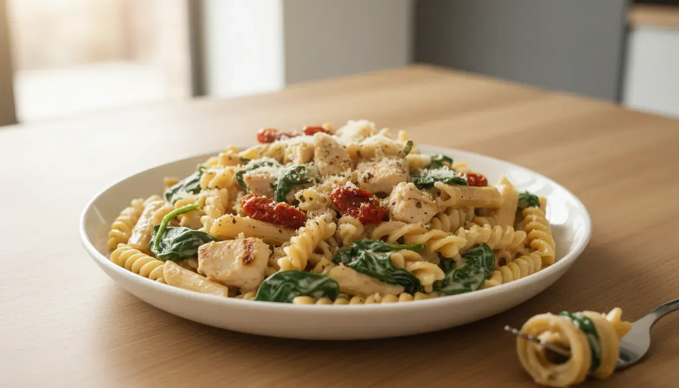 Pasta Cremosa con Pollo, Spinaci e Pomodori