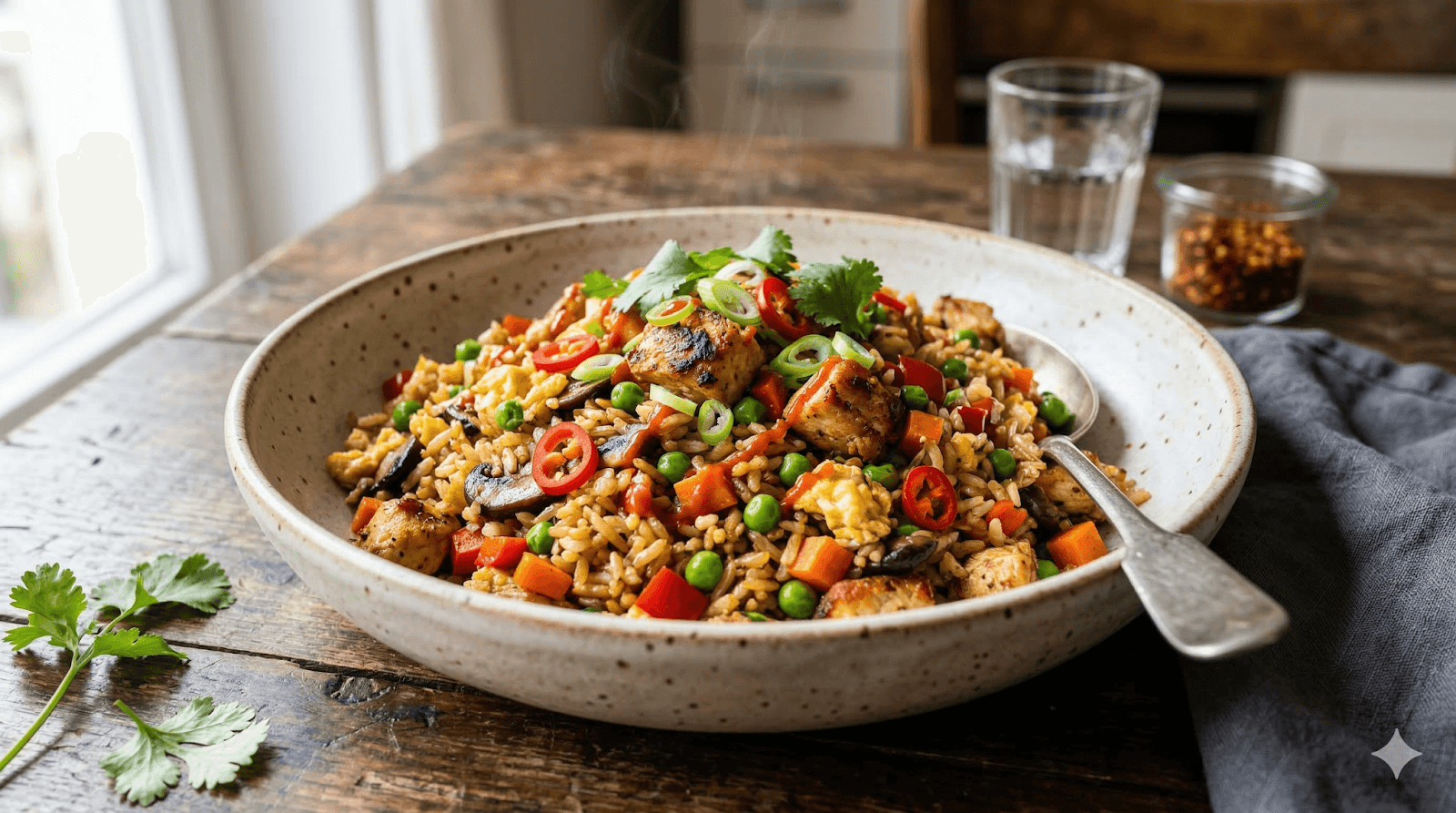 Riz frit aux œufs avec poulet croustillant et légumes colorés