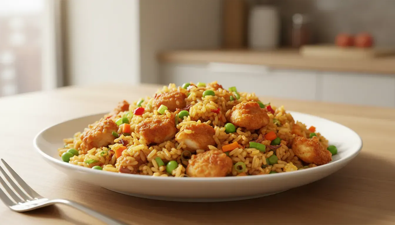 Fried Egg Rice with Crispy Chicken and Colorful Vegetables