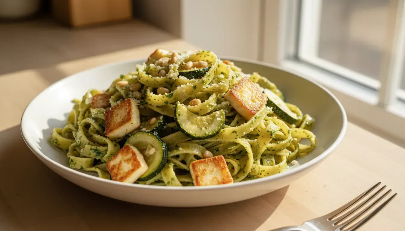 Pesto and haloumi pasta