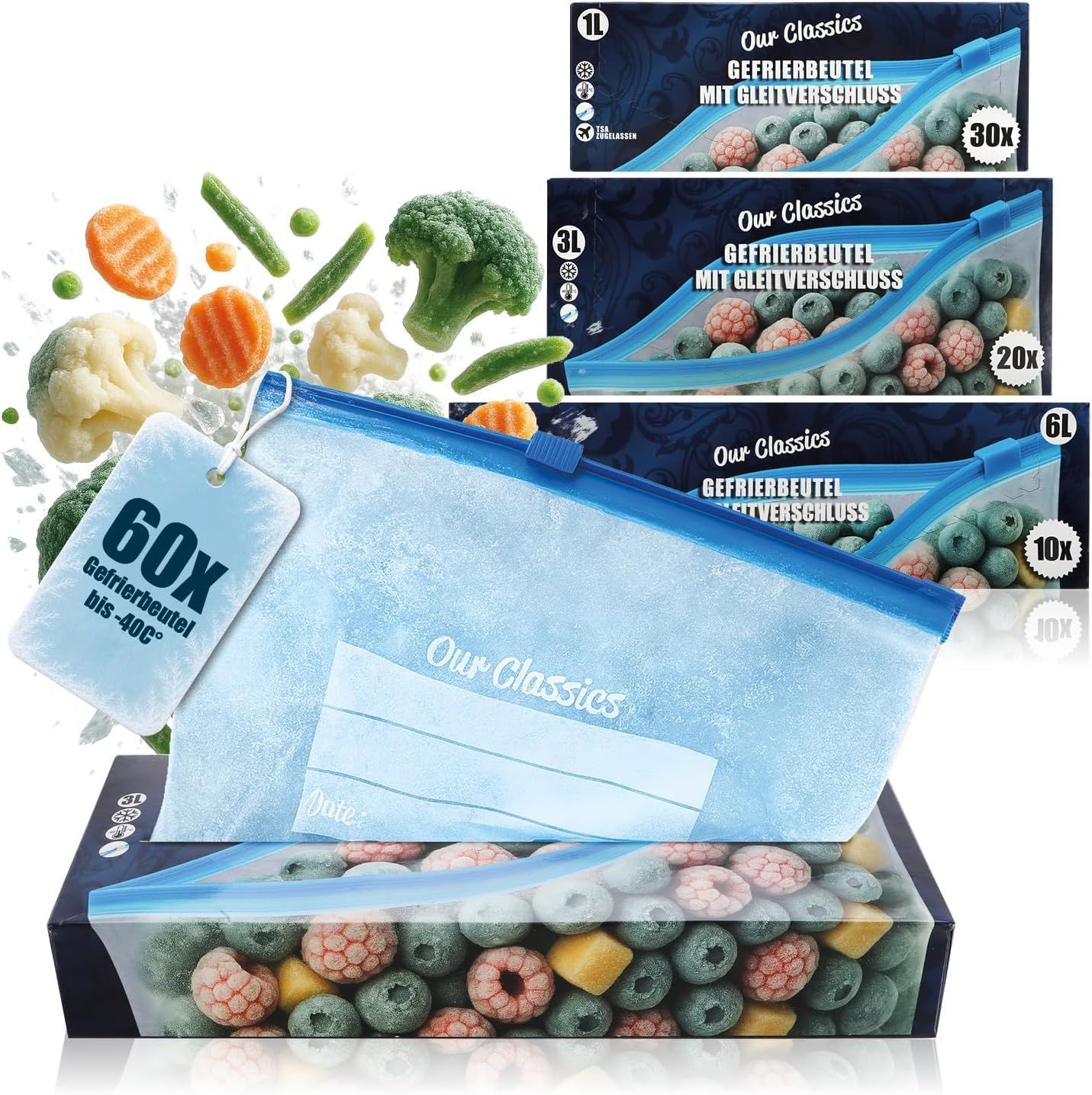 COM-FOUR 60 Piece Freezer Bags Set - 1L